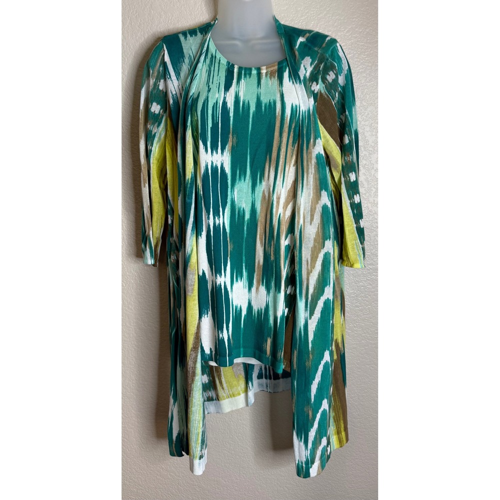 Chicos 2 US Medium 2 Piece Set Cardigan Tank Teal Green Ikat Abstract Print